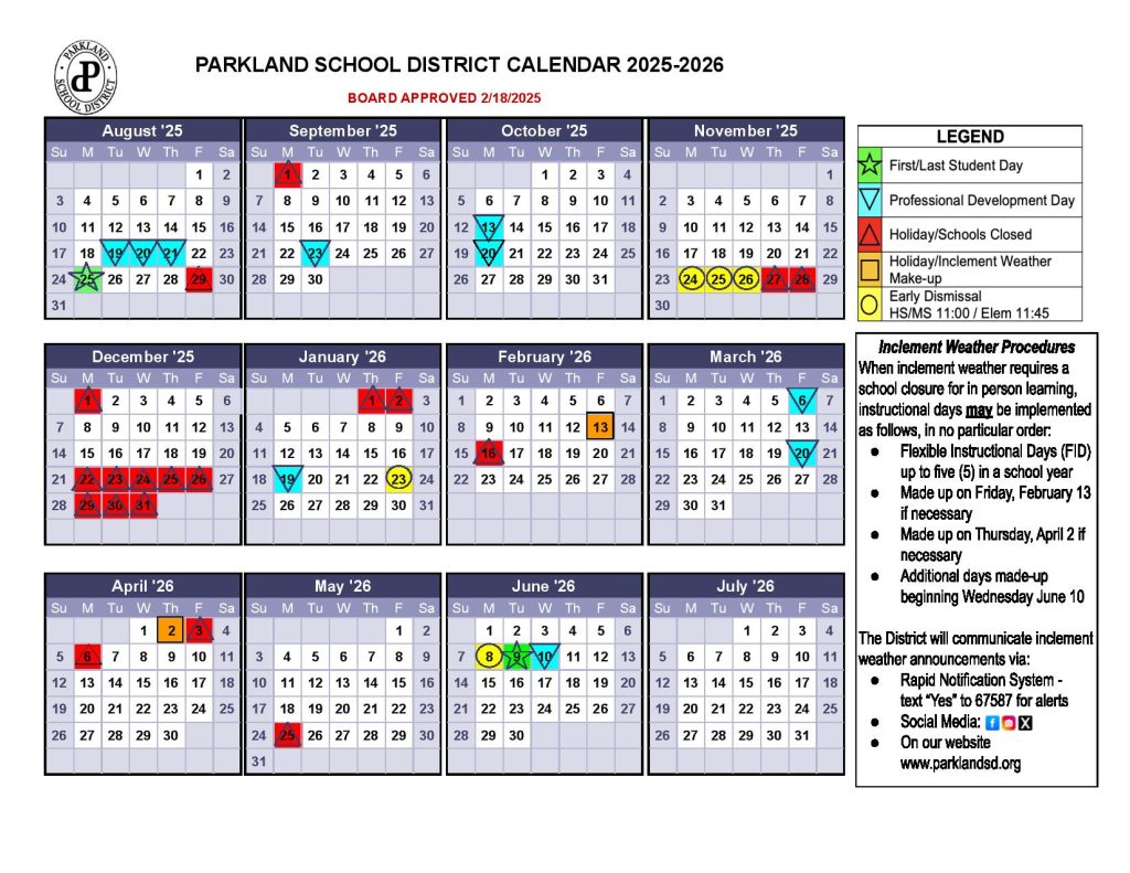 Parkland School District Calendar 2025