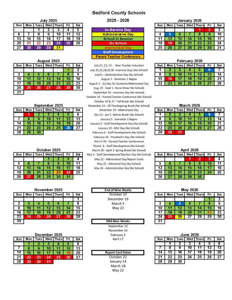 Bedford County Schools Calendar 2025-2026