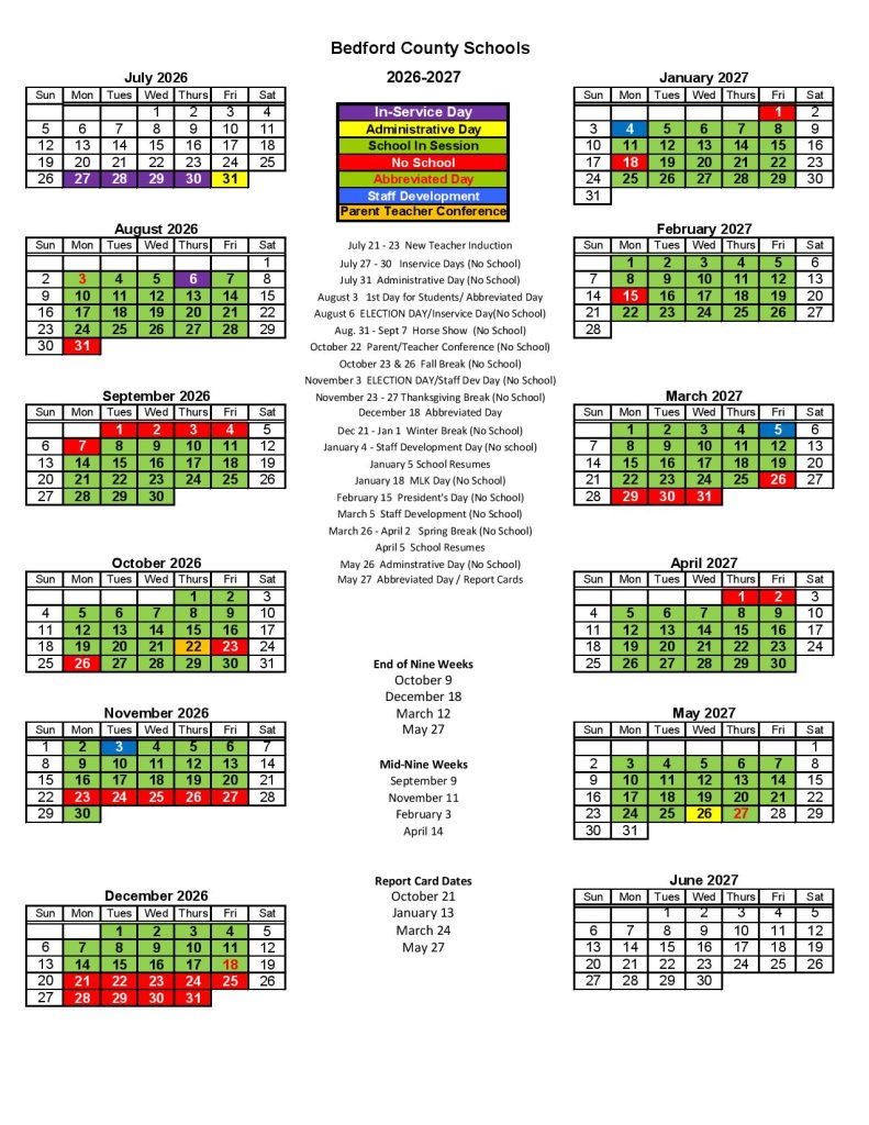Bedford County Schools Calendar 2026-2027