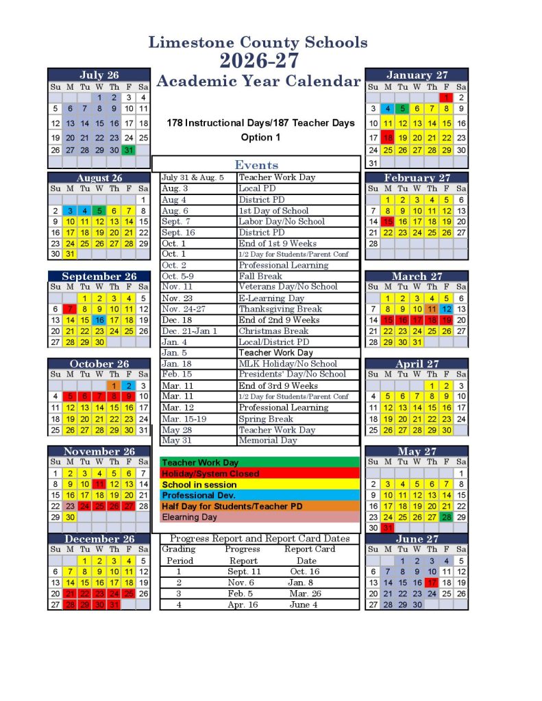 Limestone County School Calendar 2026-2027