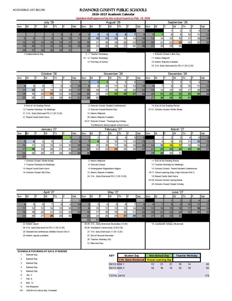 Roanoke County Schools Calendar 2026-2027