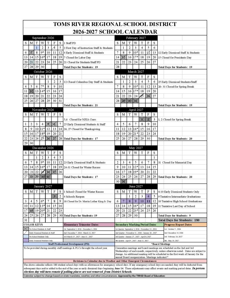 Toms River School Calendar 2026-2027