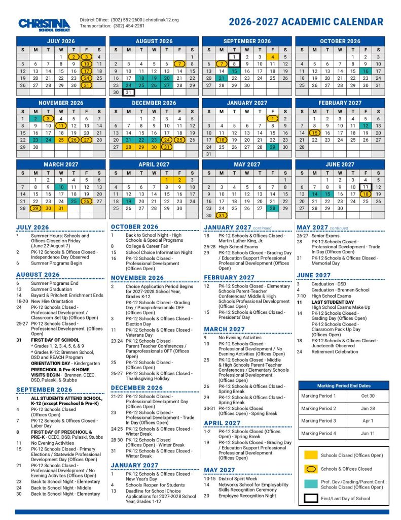Christina School District Calendar 2026-2027