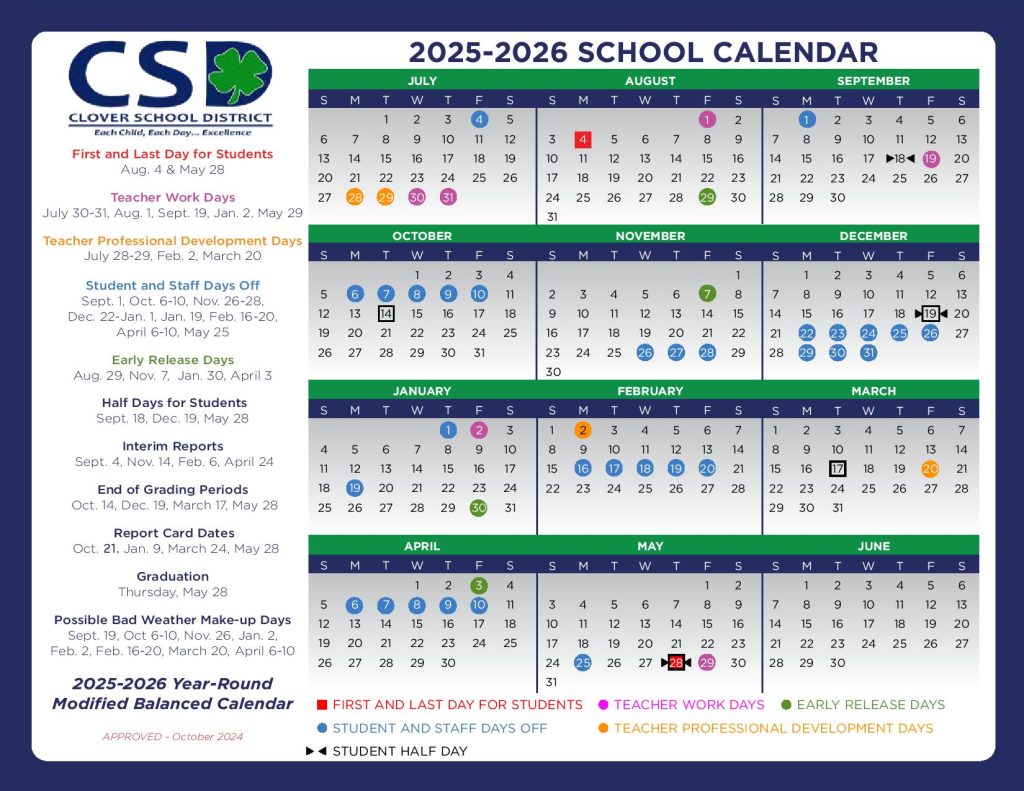 Clover School District Calendar 2026
