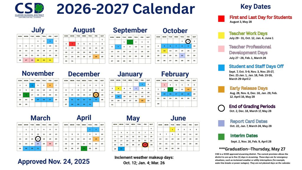 Clover School District Calendar 2026