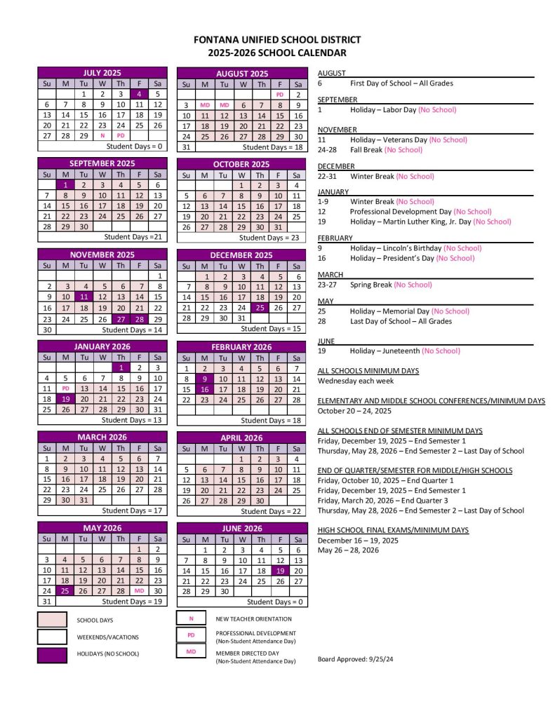 Fontana Unified School District Calendar 2025