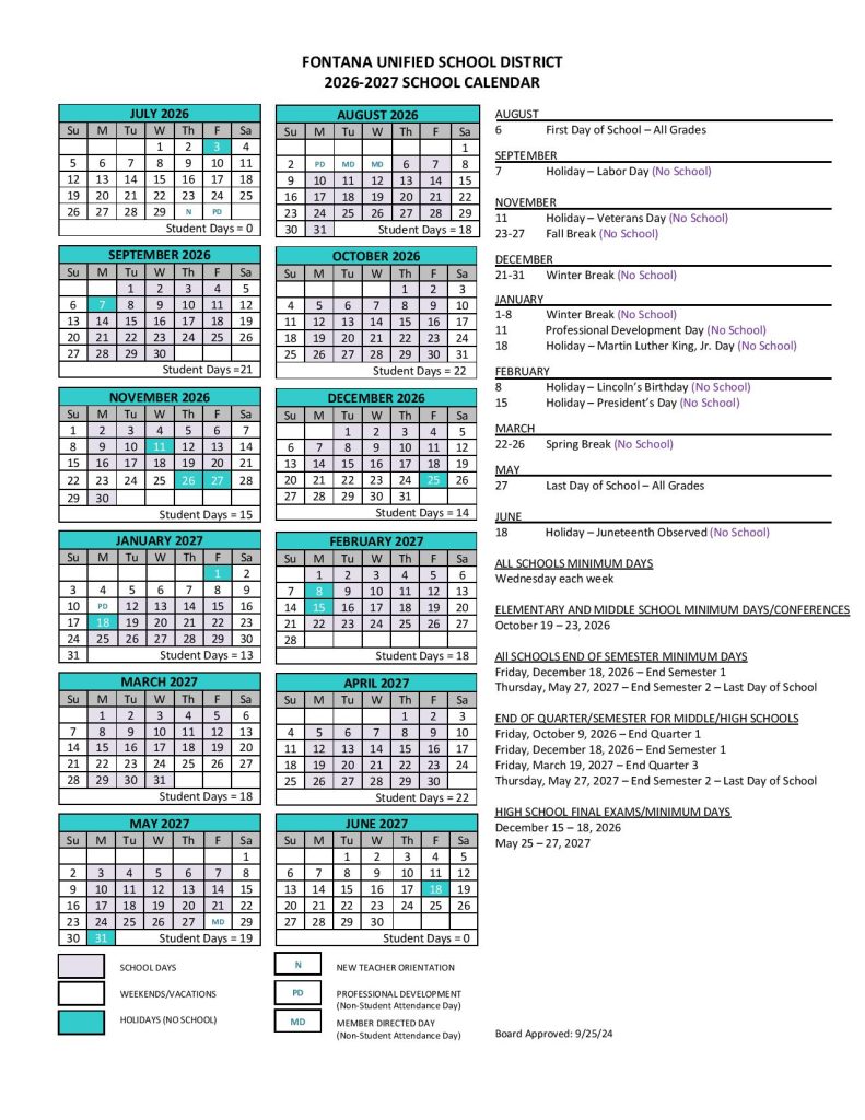 Fontana Unified School District Calendar 2026-2027
