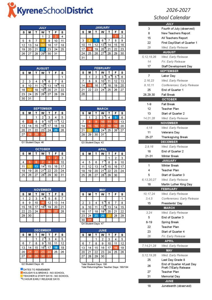 Kyrene School District Calendar 2026-2027
