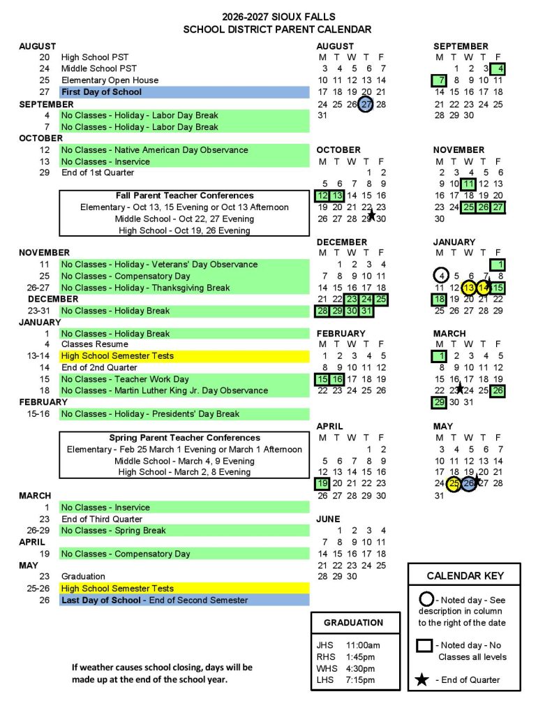 Sioux Falls School District Calendar 2026-2027