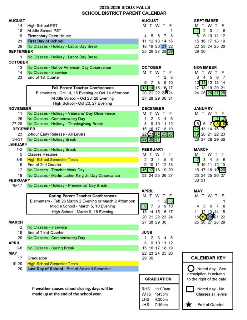 Sioux Falls School District Calendar 2026