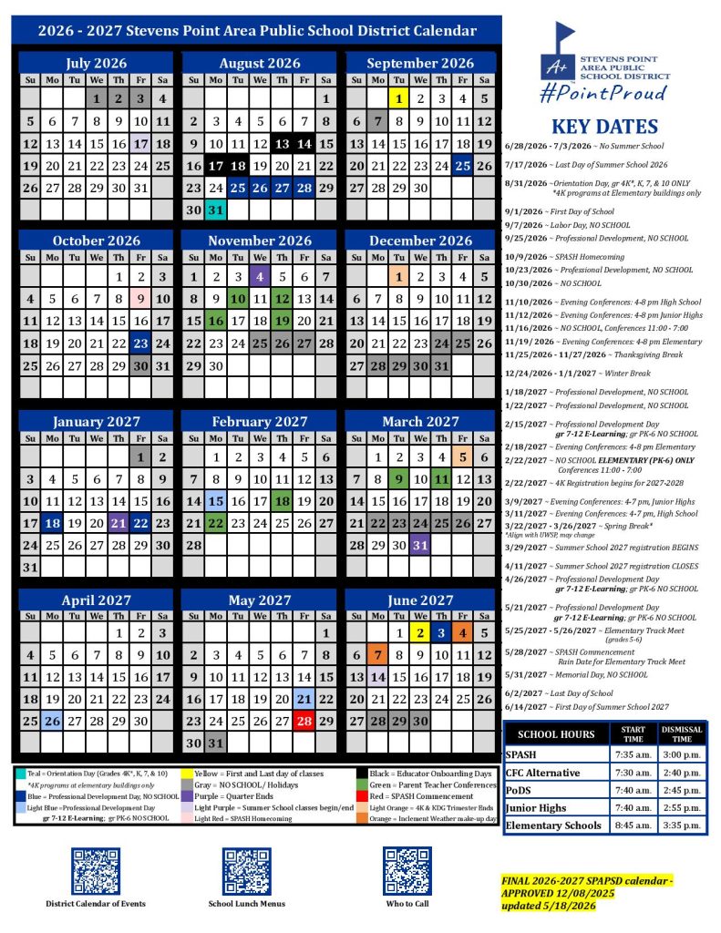 Stevens Point School District Calendar 2026-2027