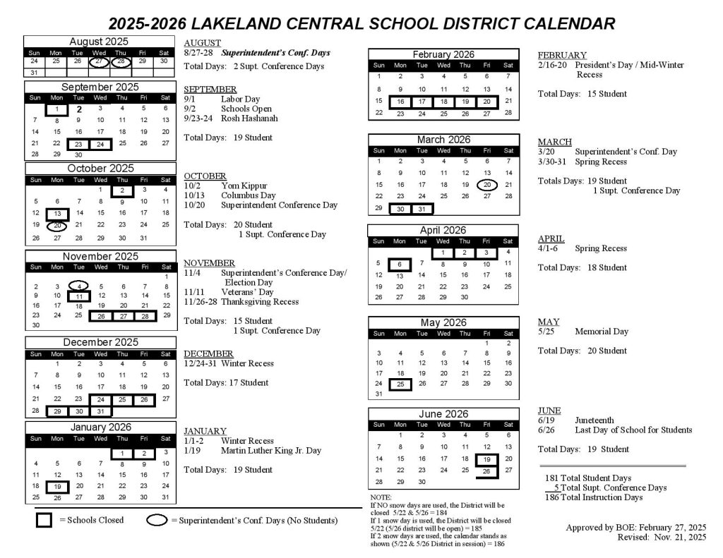 Lakeland Central School District Calendar 2026