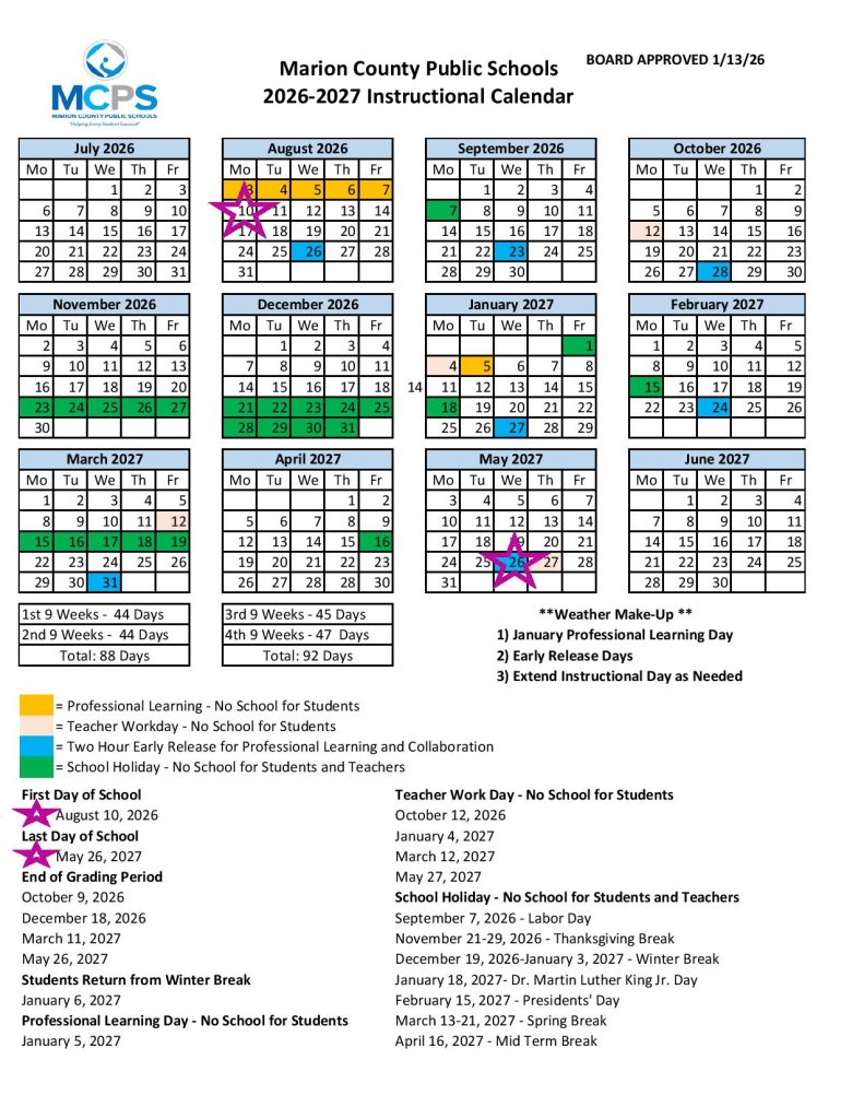 Marion County Public Schools Calendar 2026-2027