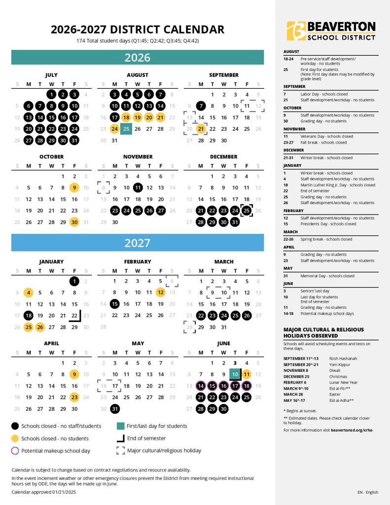 Beaverton School District Calendar 2026