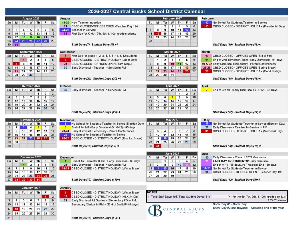 Central Bucks School District Calendar 2026
