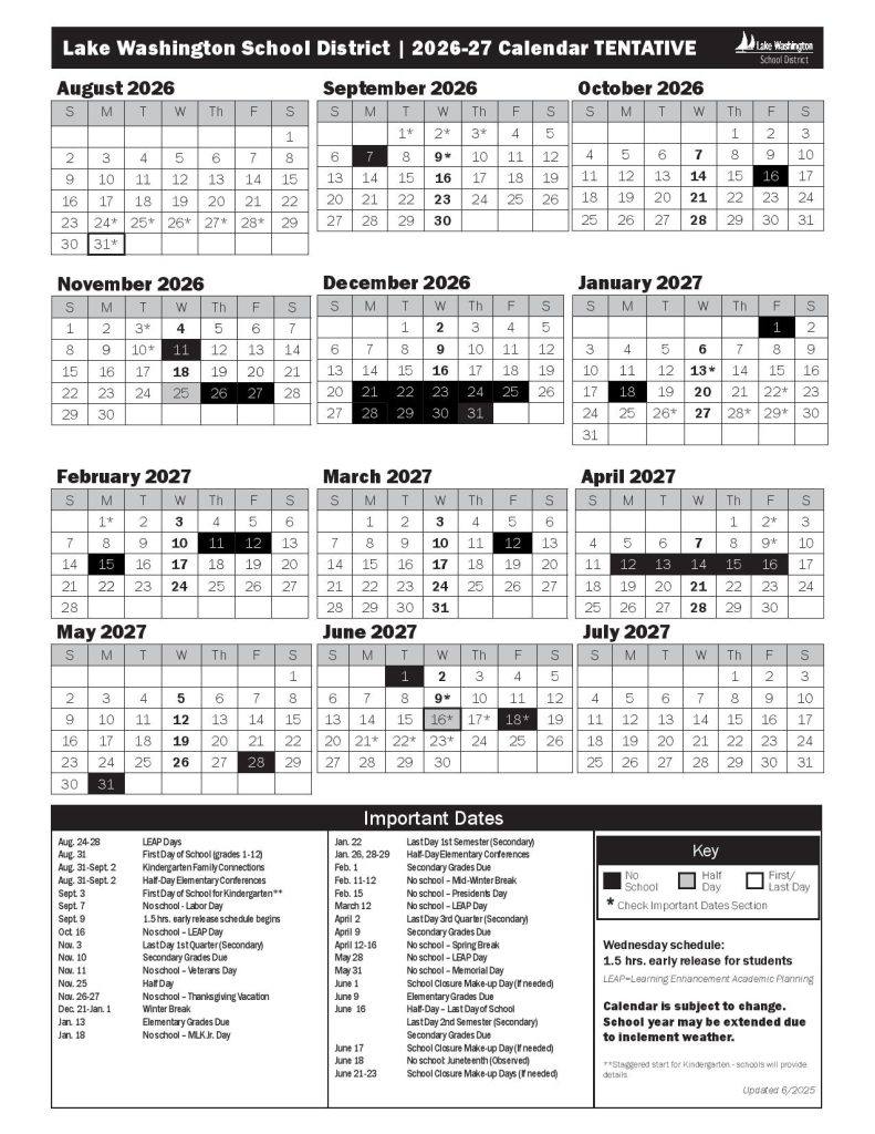 Lake Washington School District Calendar 2026