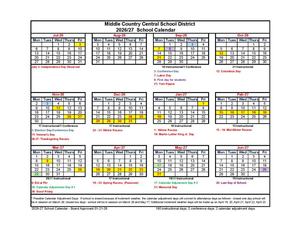 Middle Country School District Calendar 2026