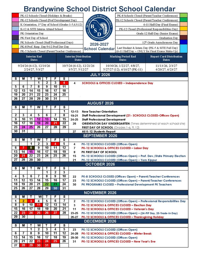 Brandywine School District Calendar 2026-2027