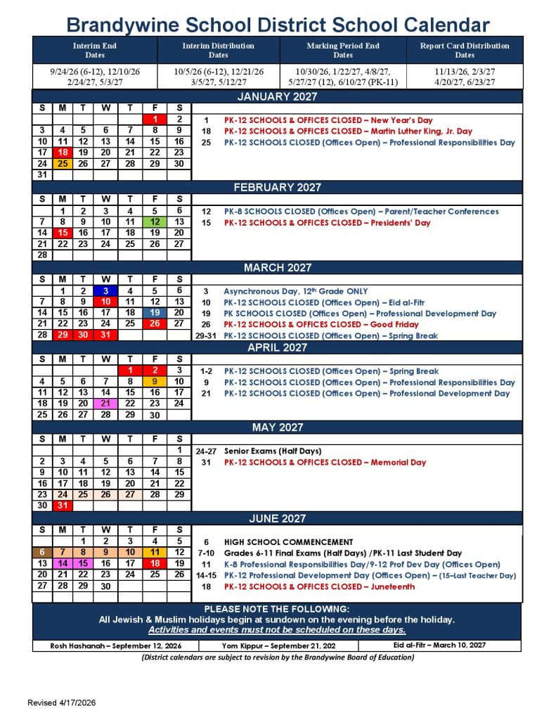Brandywine School District Calendar 2026-2027