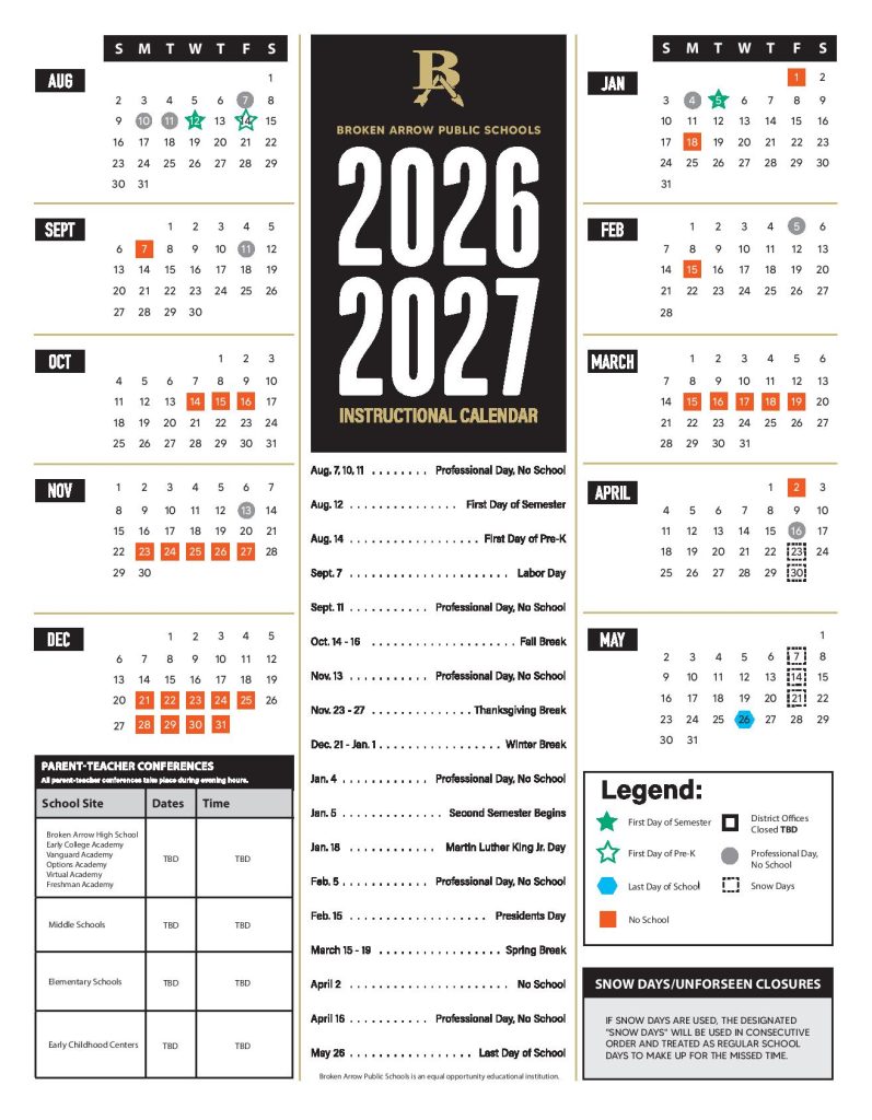 Broken Arrow Public Schools Calendar 2026