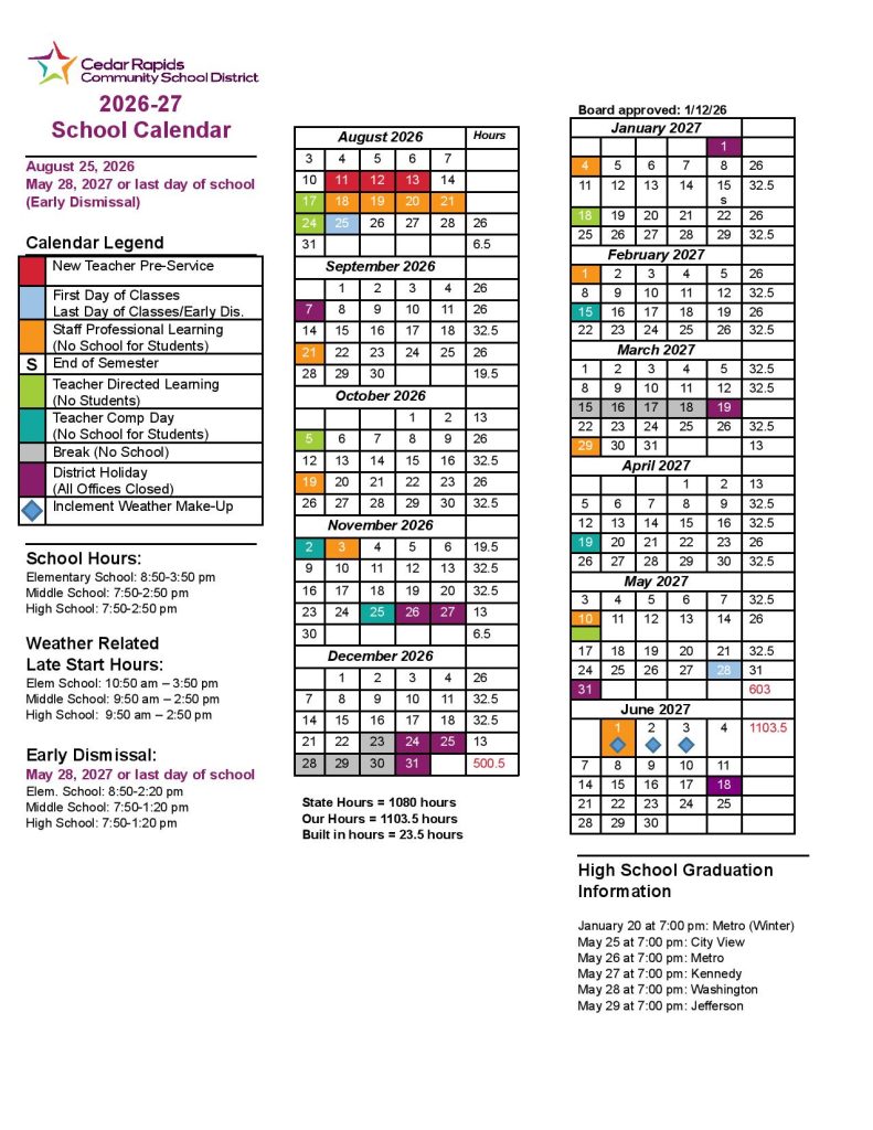 Cedar Rapids School District Calendar 2026-27