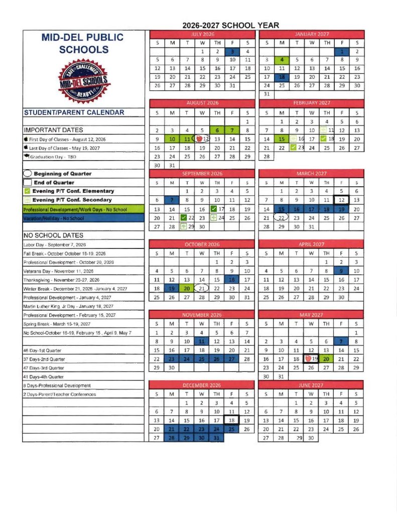 Mid Del School District Calendar 2026-2027