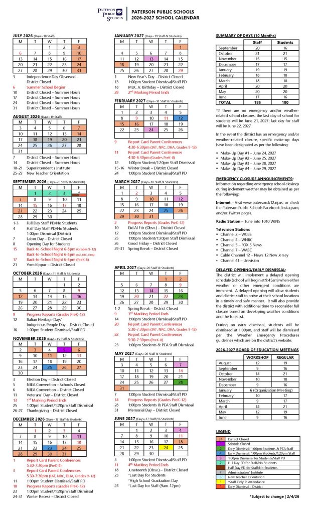 Paterson Public Schools Calendar 2026-27