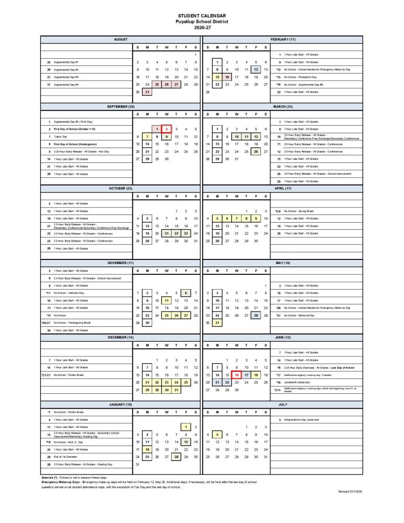 Puyallup School District Calendar 2026