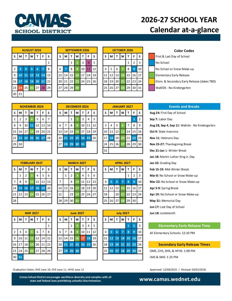 Camas School District Calendar 2026-2027