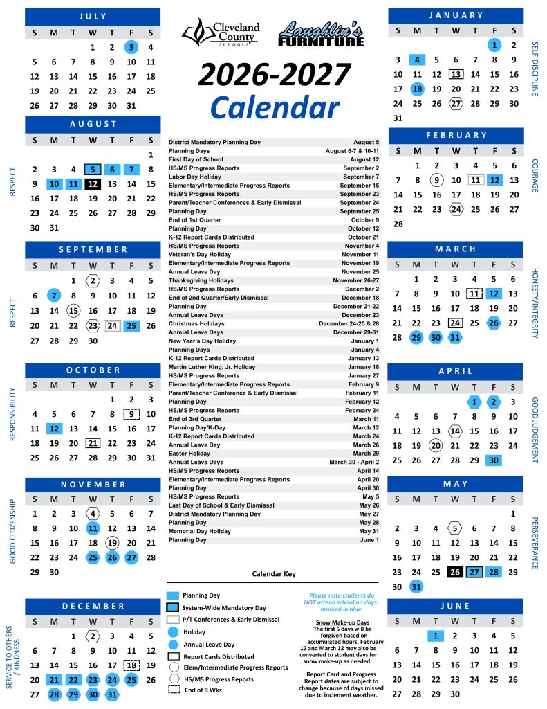Cleveland County Schools Calendar 2026-2027