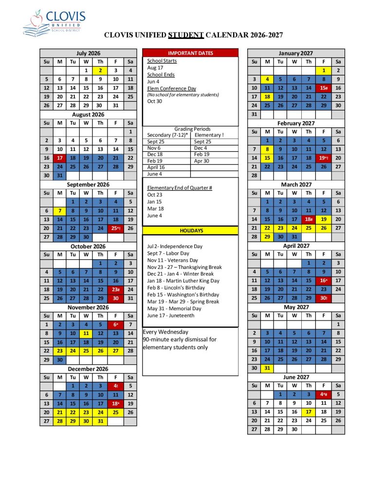 Clovis Unified School District Calendar 2026-2027