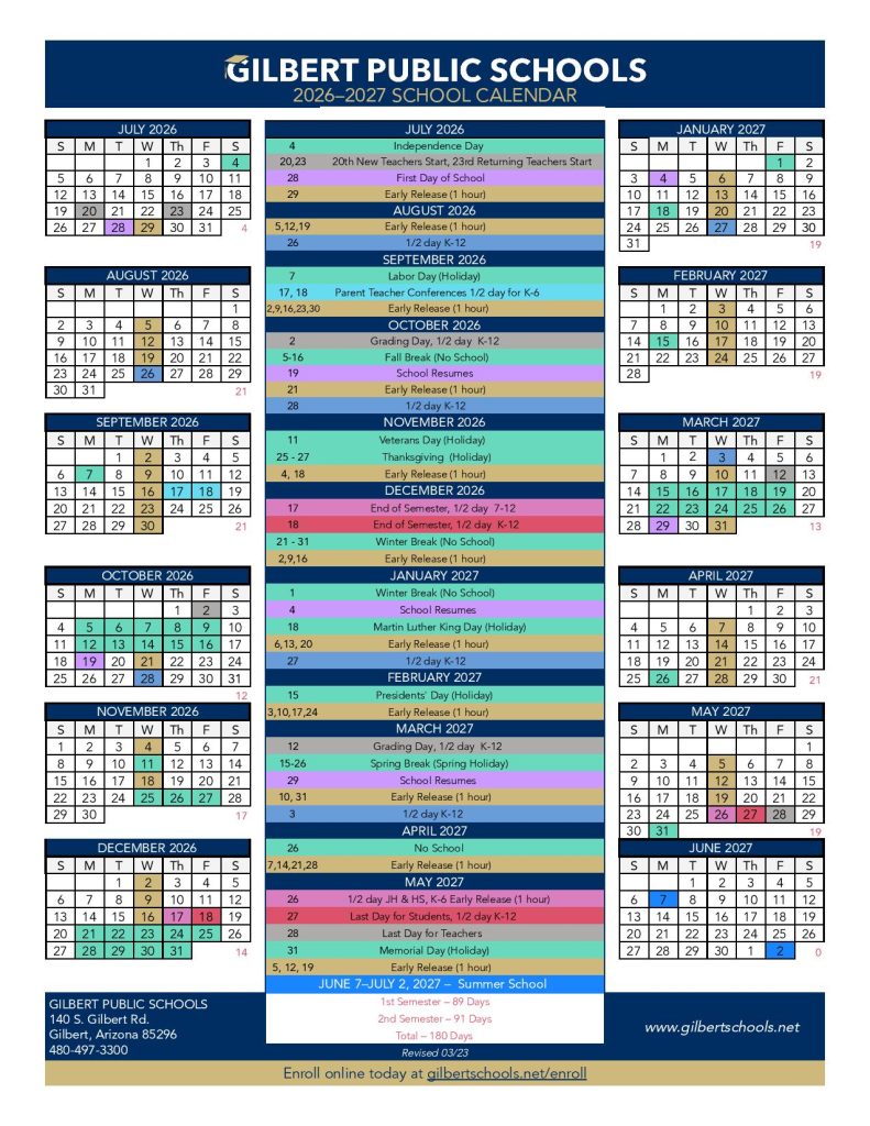 Gilbert Public Schools Calendar 2026-2027
