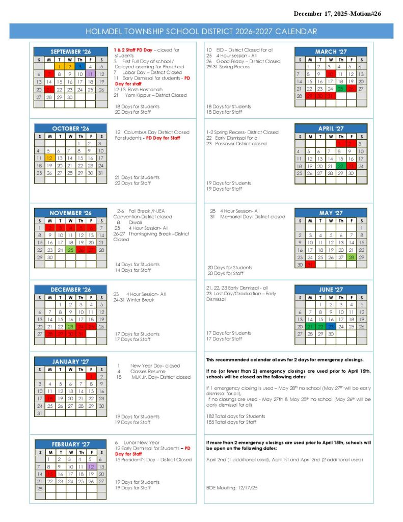 Holmdel Township Schools Calendar 2026-2027