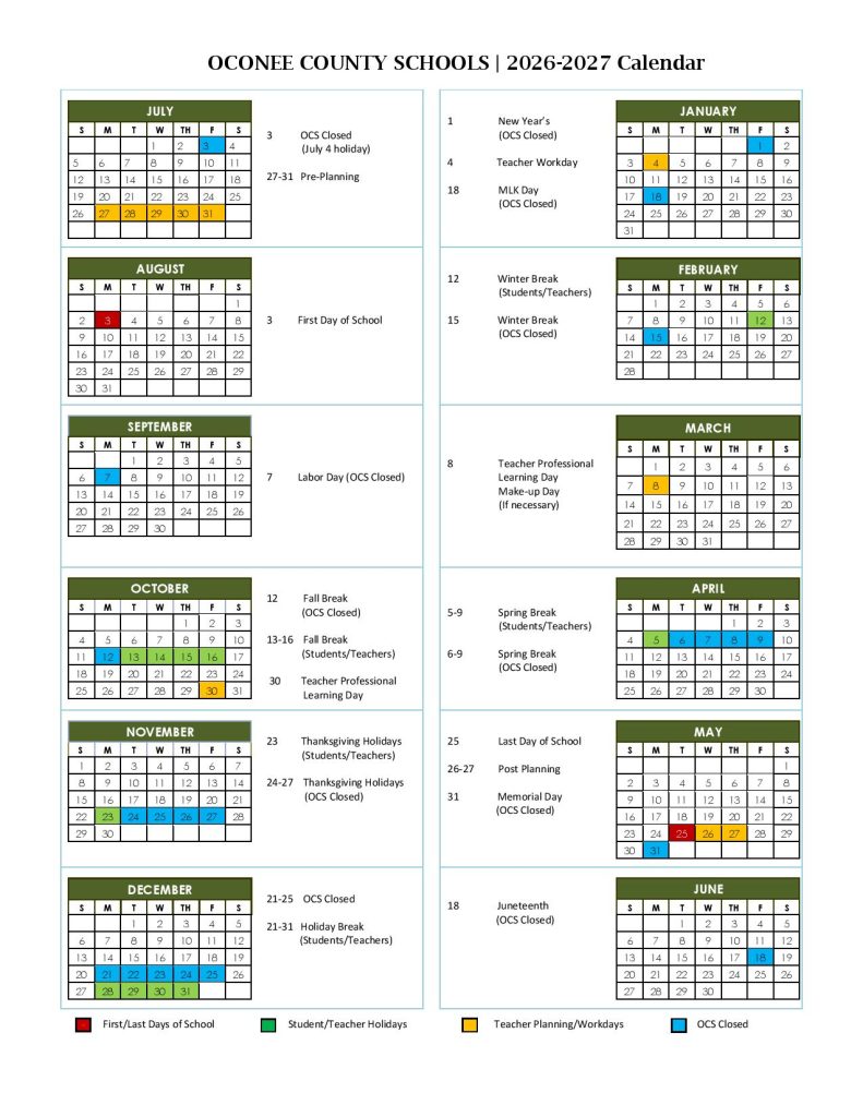 Oconee County School District Calendar 2026-2027