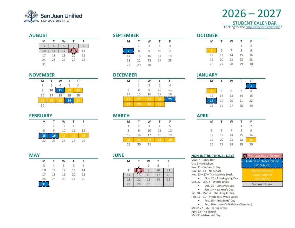 San Juan Unified School District Calendar 2026-2027
