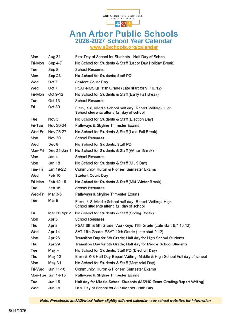 Ann Arbor Public Schools Calendar 2026-2027