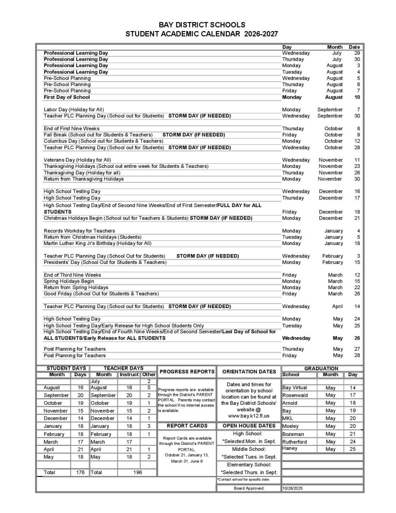 Bay District Schools Calendar 2026-2027