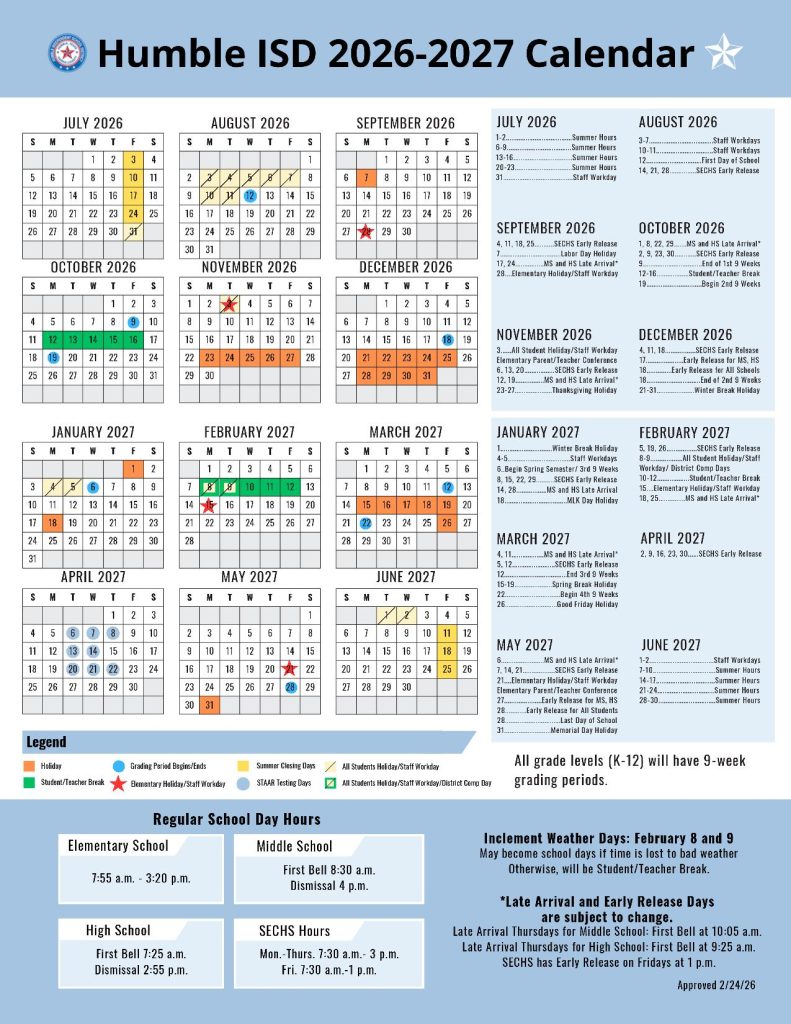 Humble Independent School District Calendar 2026-2027