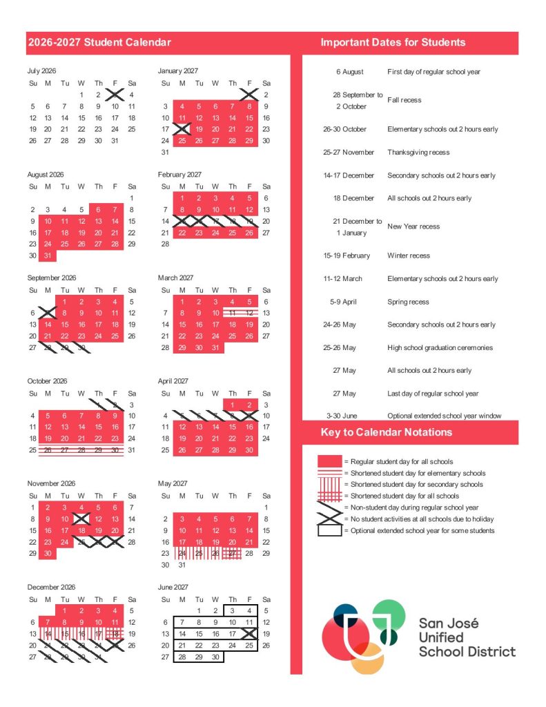 San Jose Unified School District Calendar 2026-2027