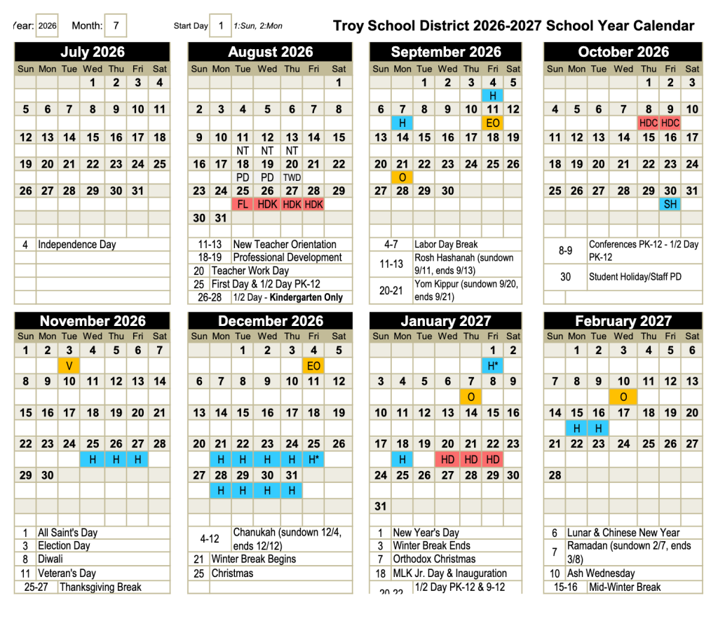 Troy School District Calendar 2026-2027