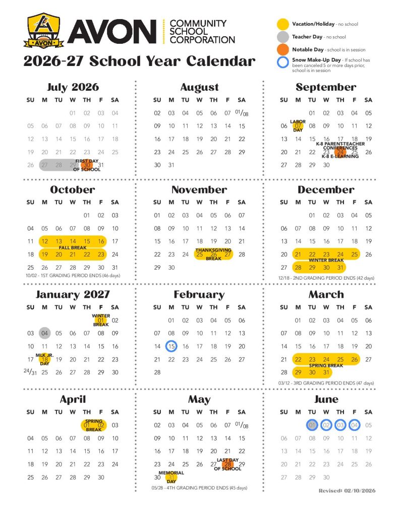 Avon Schools Calendar 2026-2027