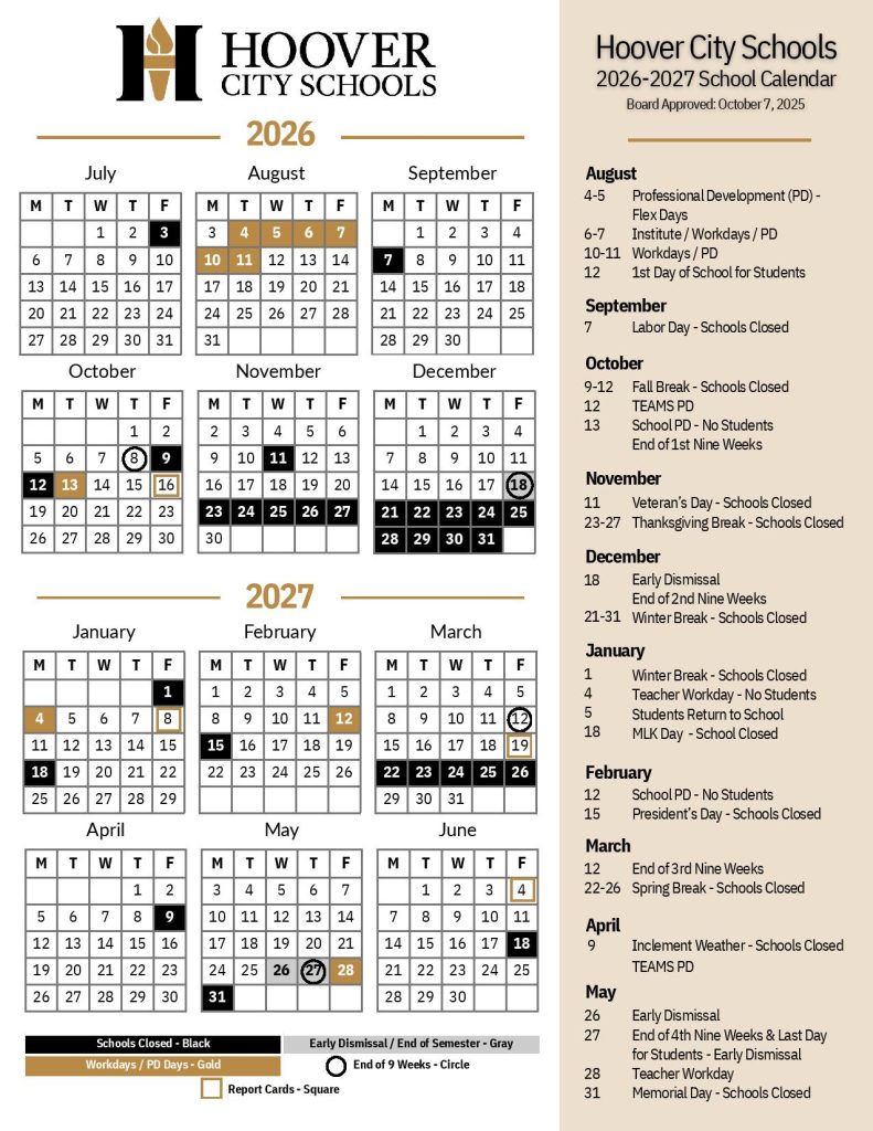 Hoover City Schools Calendar 2026-2027