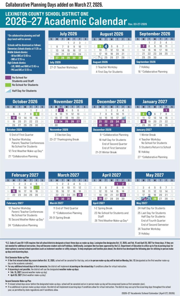 Lexington One School District Calendar 2026-2027