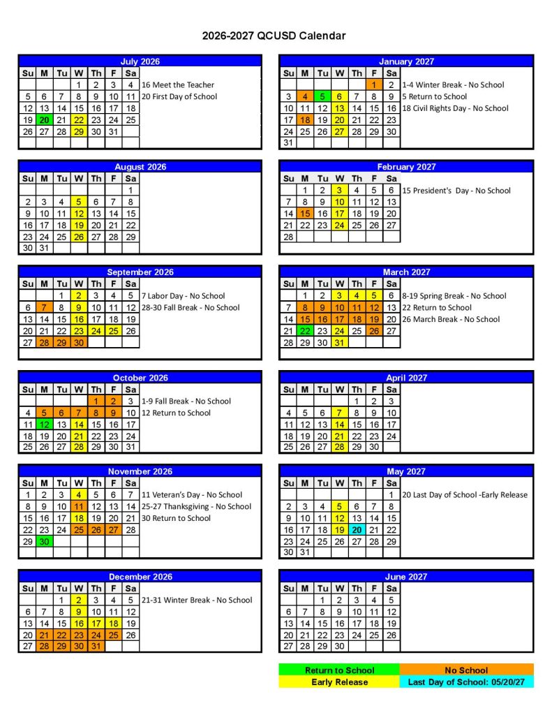 Queen Creek School District Calendar 2026-2027
