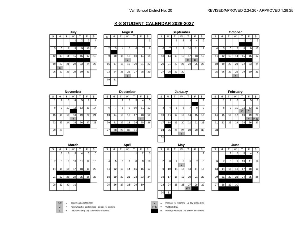 Vail Unified School District Calendar 2026-2027