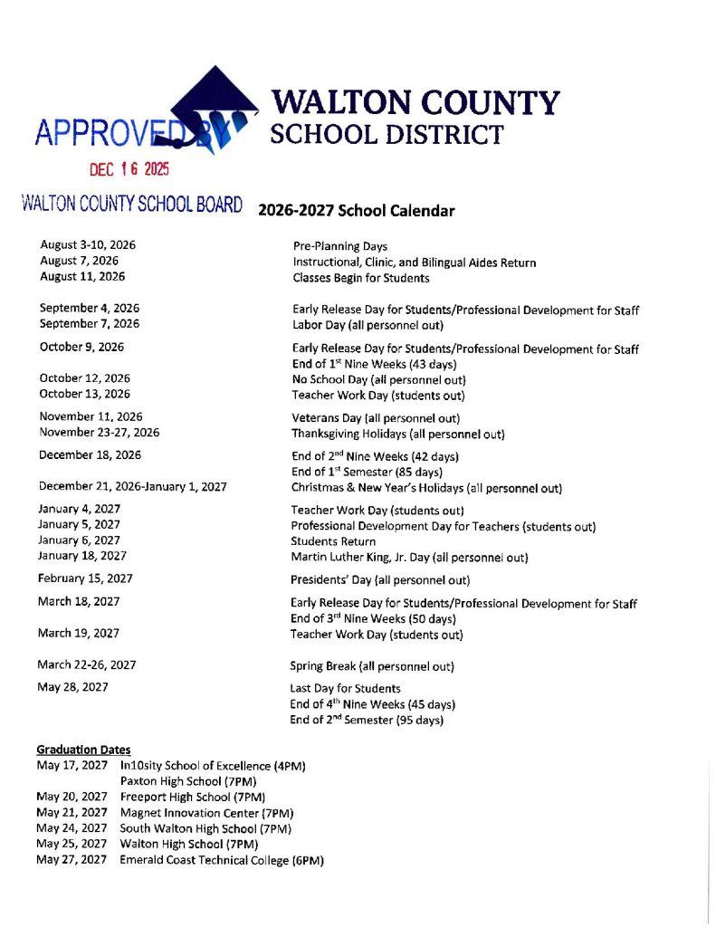 Walton County School Calendar 2026-2027