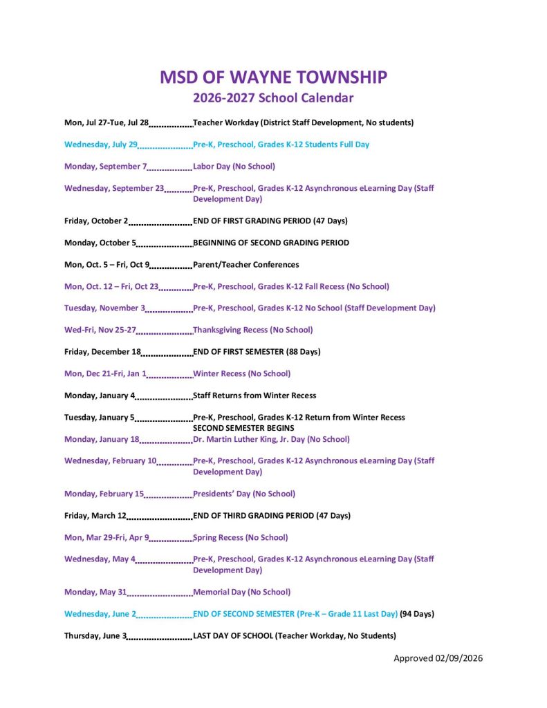 Wayne Township School Calendar 2026-2027