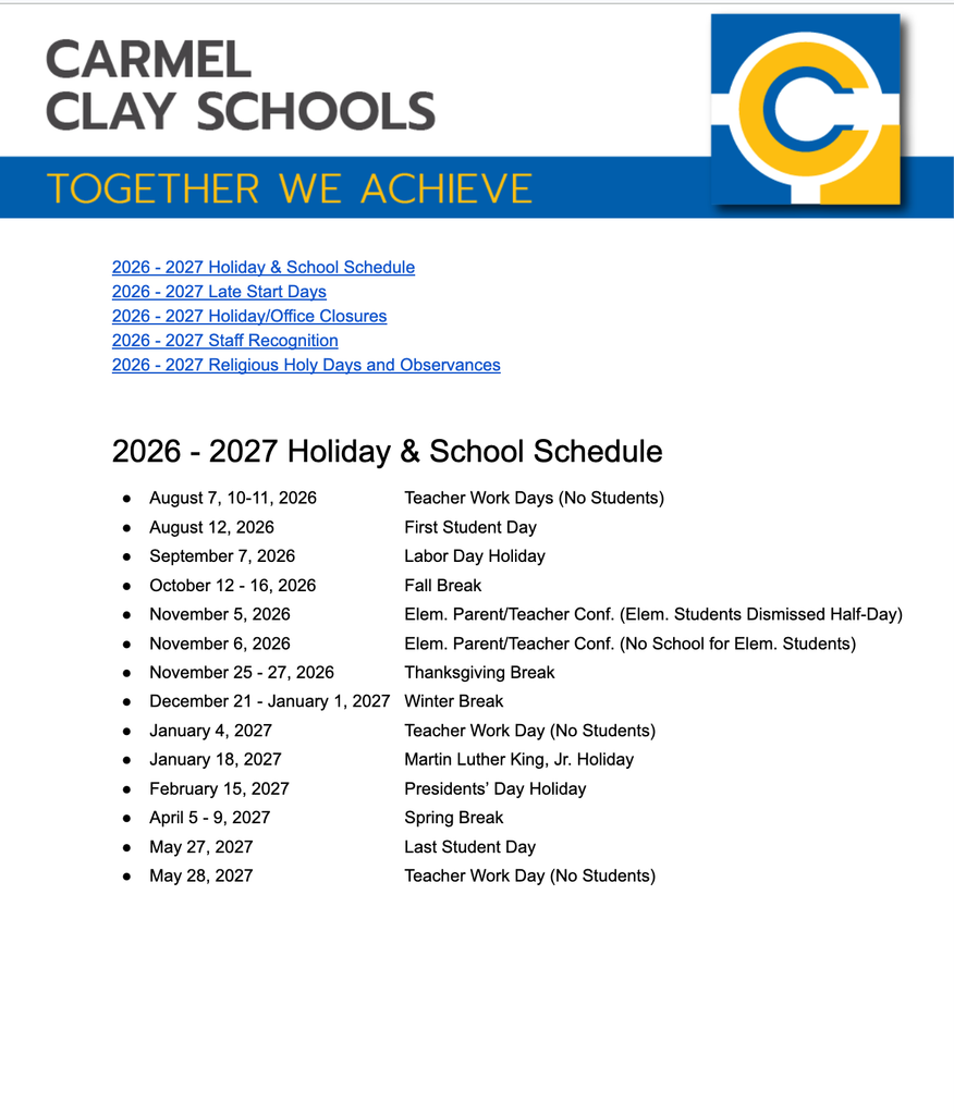 Carmel Clay Schools Calendar 2026-2027