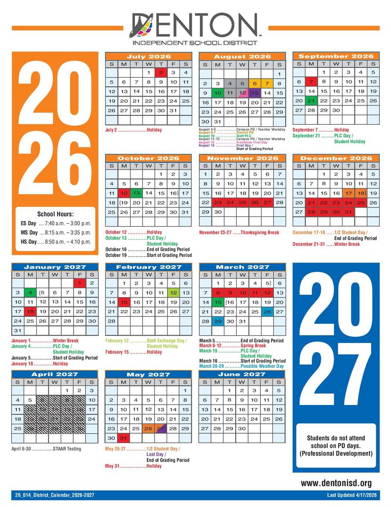 Denton Independent School District Calendar 2026-2027