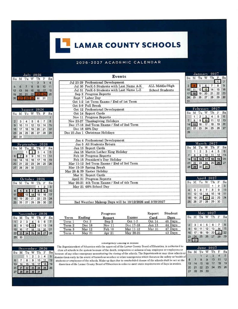 Lamar County School District Calendar 2026-2027